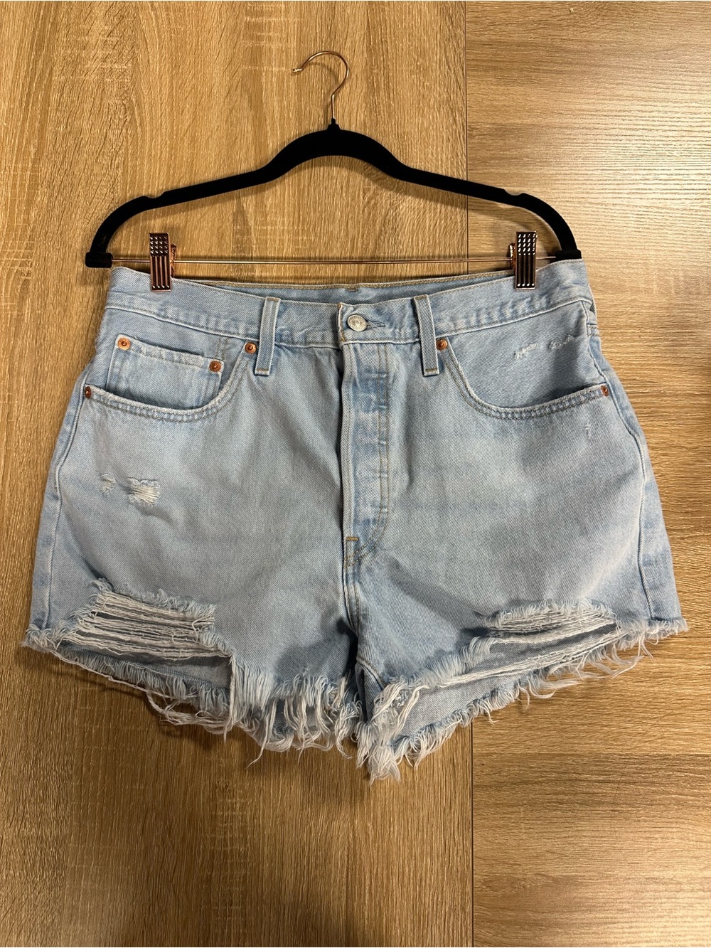 Levi’s 501 Original High-Rise Distressed Denim Cutoff Shorts – Light Wash